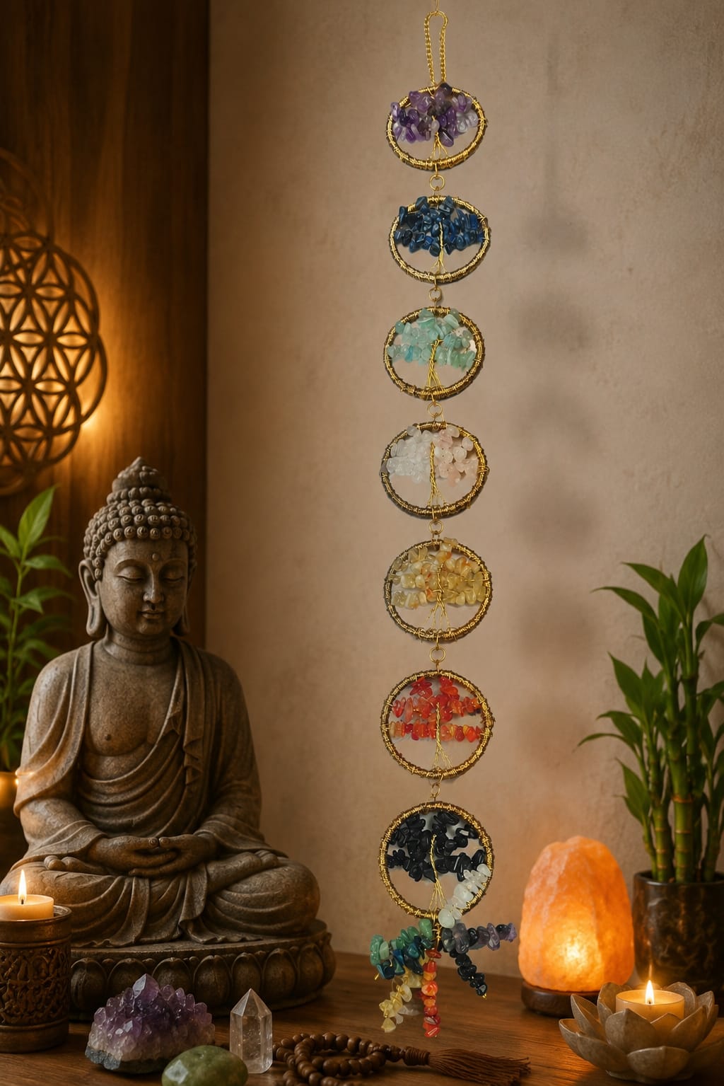 7 Chakra Crystal Tree of Life Wall Hanging | Handmade Gemstone Suncatcher & Spiritual Home Décor