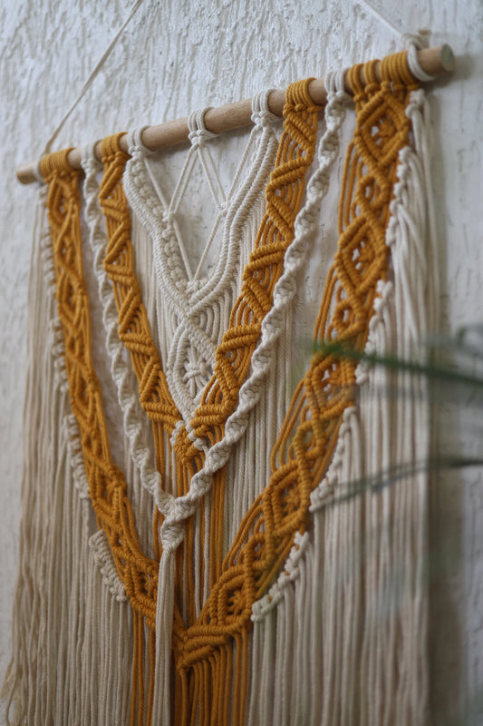 Handcrafted Dual Tone Macramé Wall Hanging | Mustard & Ivory Boho Cotton Rope Wall Décor