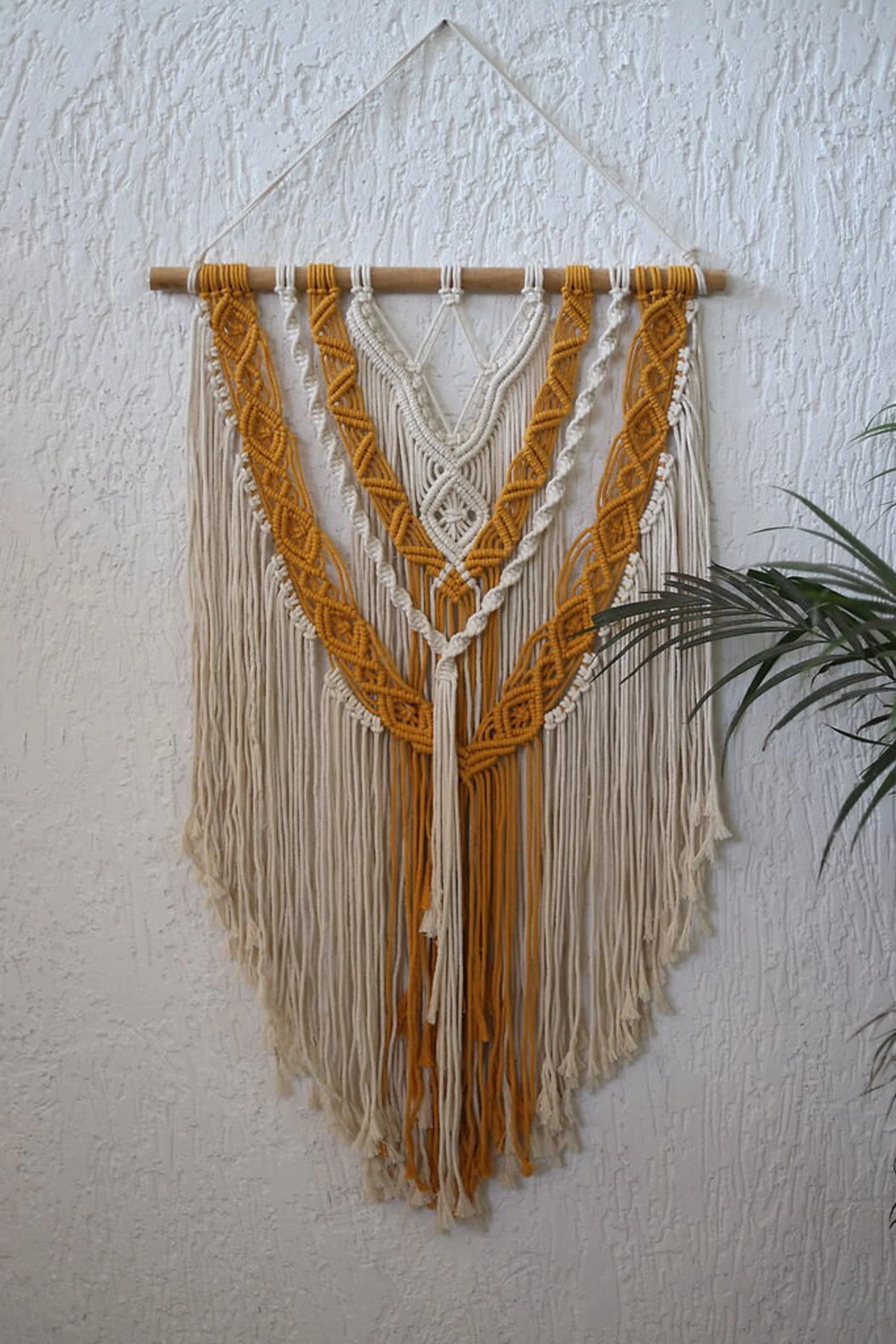 Handcrafted Dual Tone Macramé Wall Hanging | Mustard & Ivory Boho Cotton Rope Wall Décor