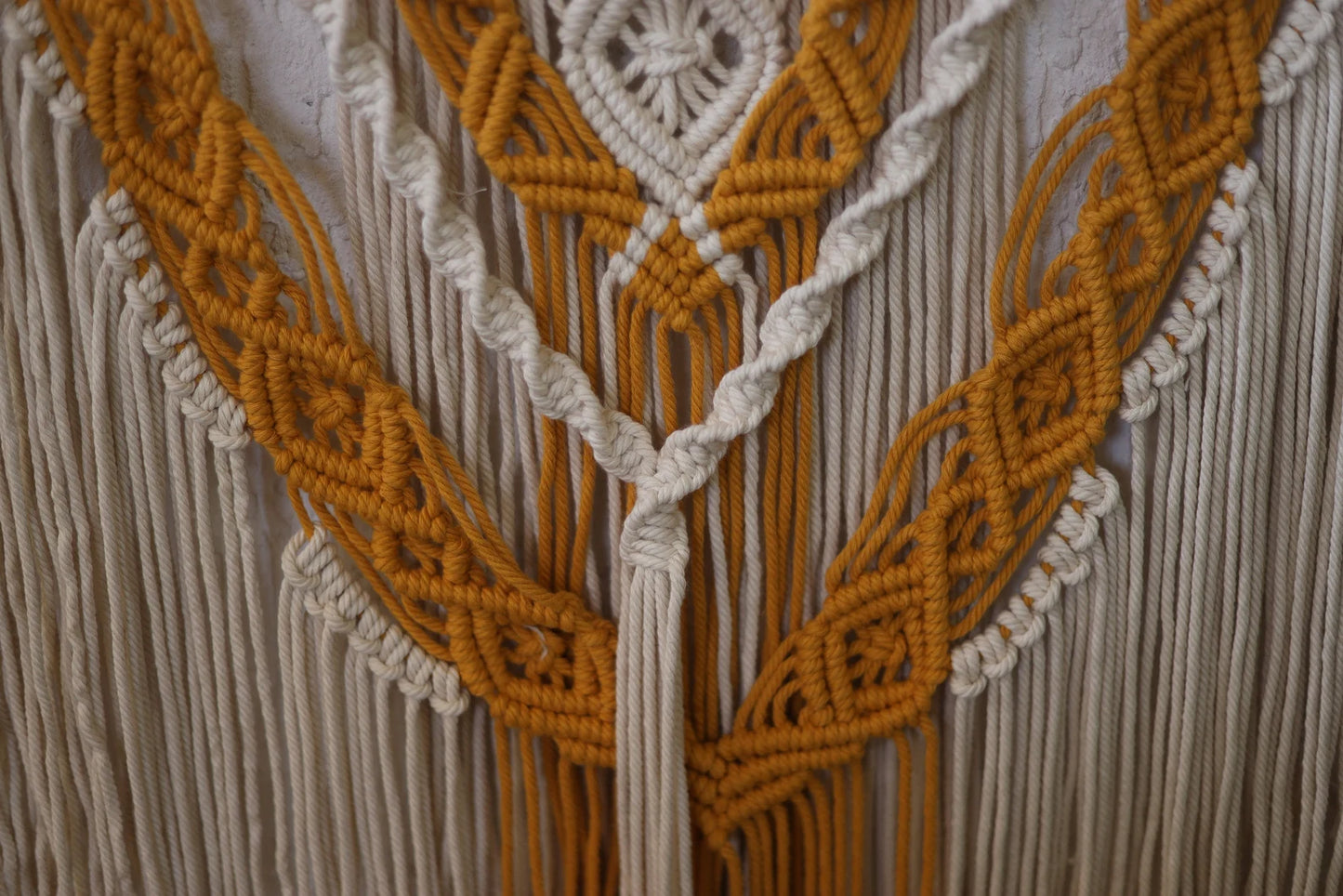 Handcrafted Dual Tone Macramé Wall Hanging | Mustard & Ivory Boho Cotton Rope Wall Décor