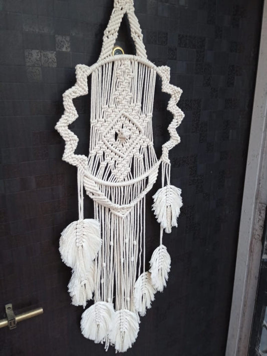 Handcrafted Macramé Evil Eye Wall Hanging with Feather Tassels
