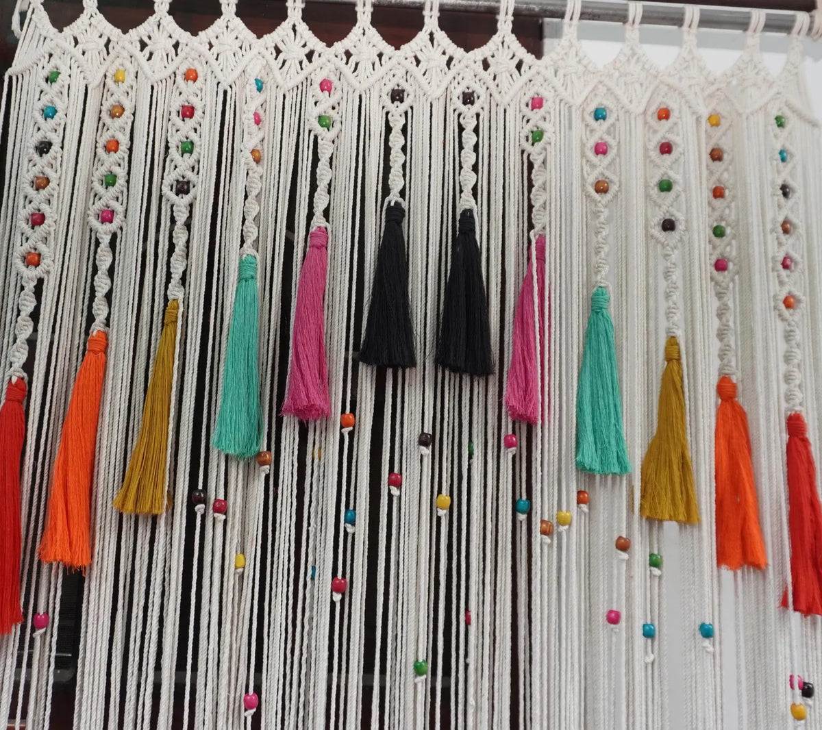 Handcrafted Macramé Beaded Door Curtain with Colorful Tassels