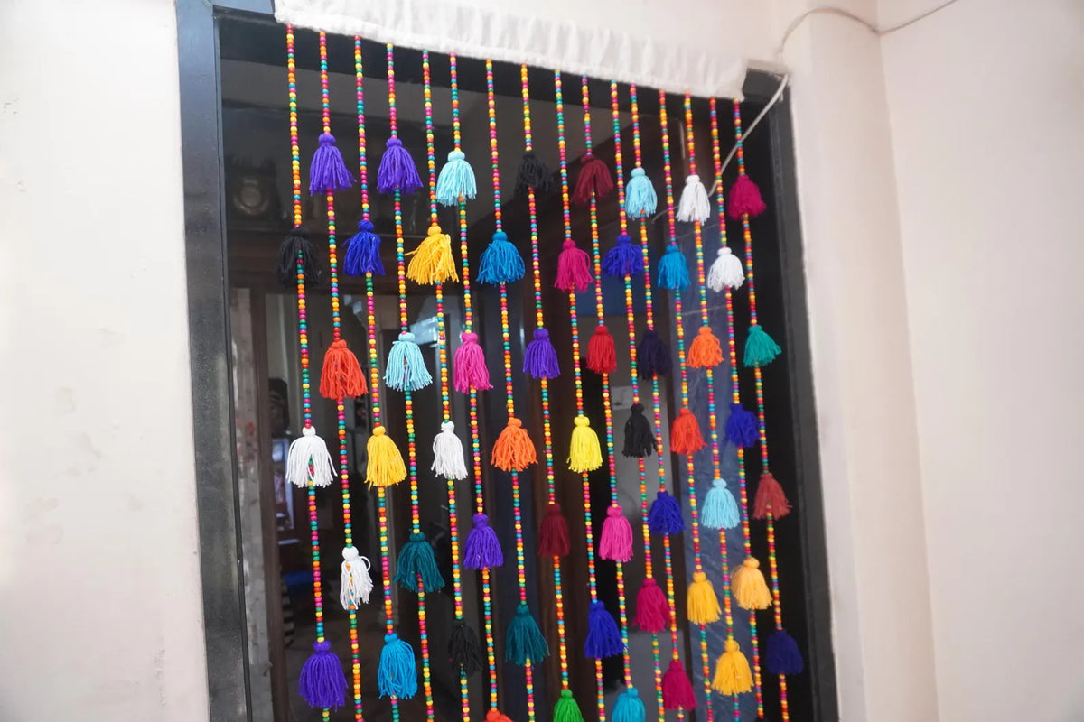 Handcrafted Multicolour Beaded Curtain with Tassels Boho Doorway Decor