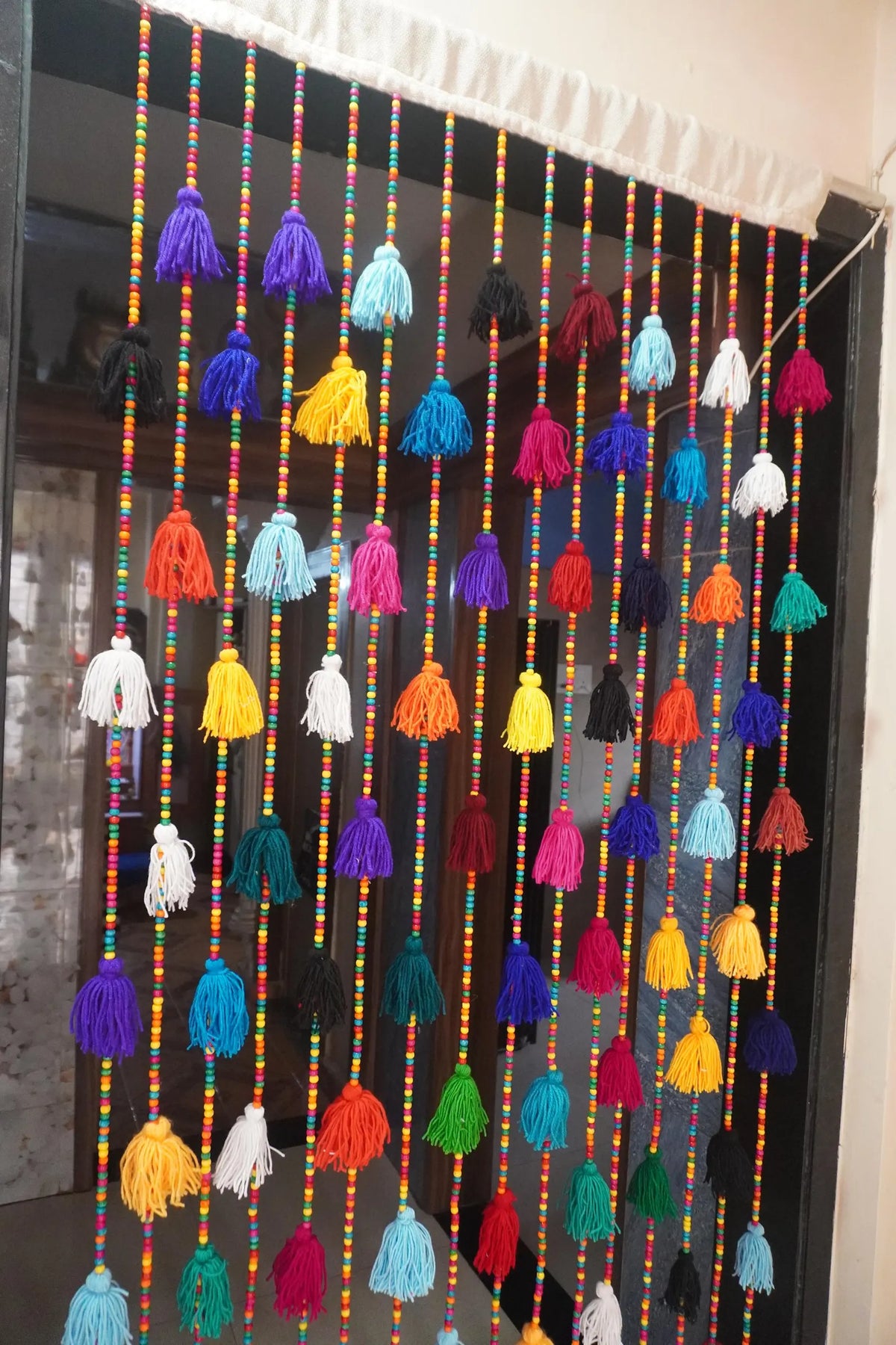 Handcrafted Multicolour Beaded Curtain with Tassels Boho Doorway Decor