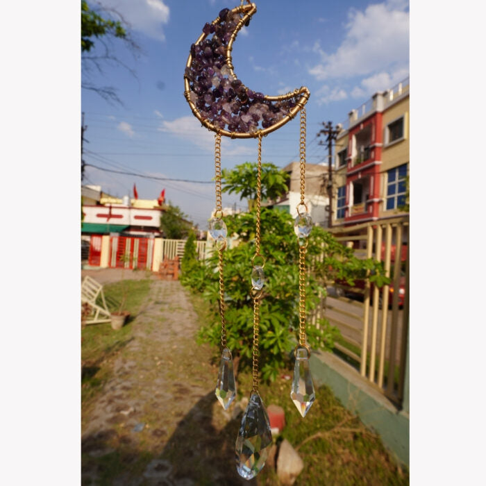 Handcrafted Crystal Moon Dream Catcher – Amethyst Wall Hanging Decor