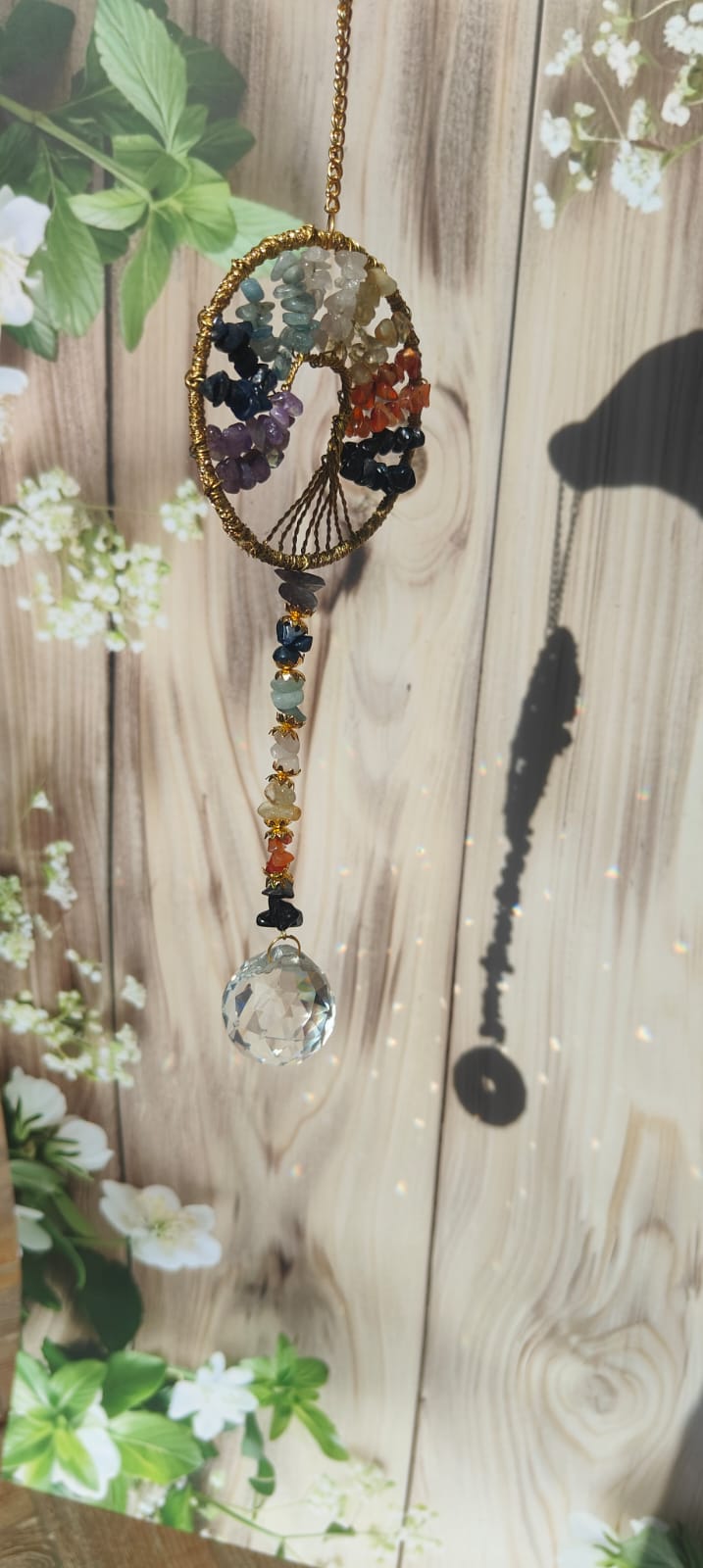 7 Chakra Tree of Life Crystal Suncatcher with Hanging Prism | Rainbow Maker & Positive Energy Décor
