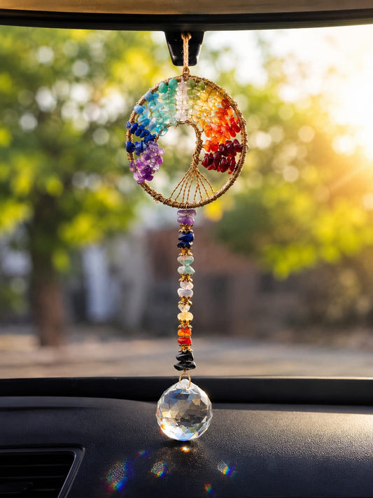 7 Chakra Tree of Life Crystal Suncatcher with Hanging Prism | Rainbow Maker & Positive Energy Décor