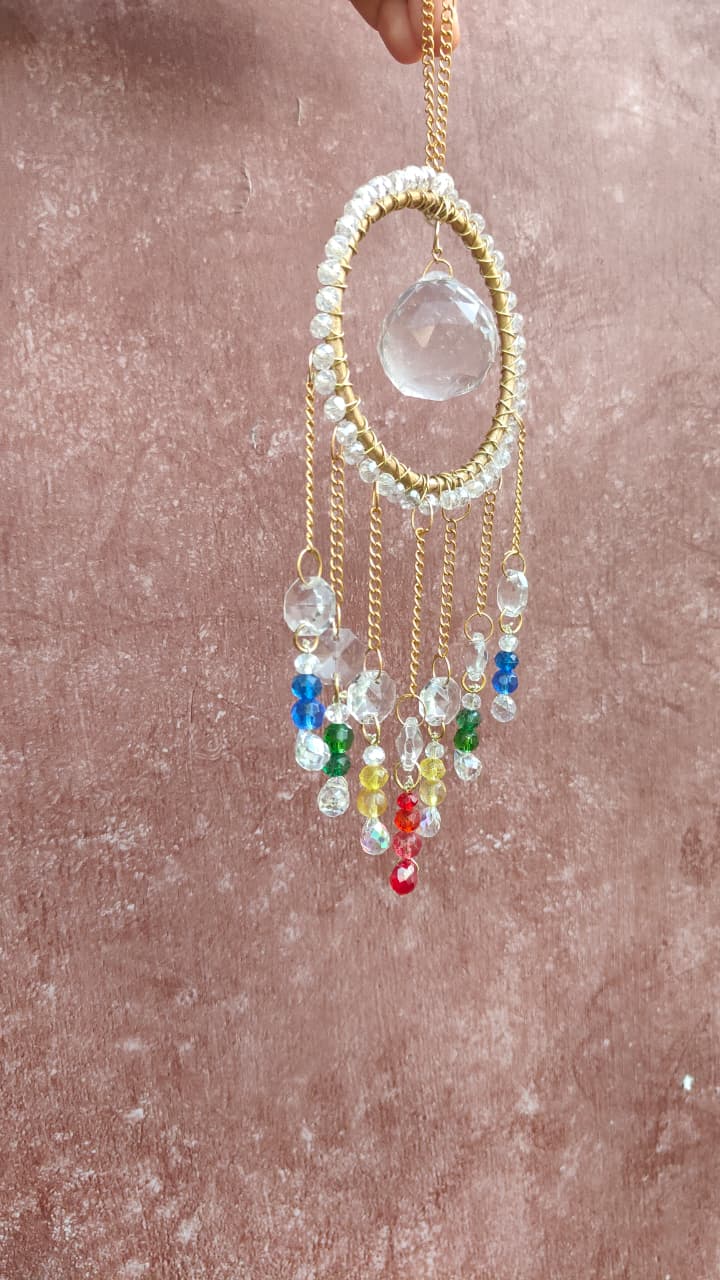 Handcrafted Crystal Suncatcher Ring – Multicolor Beaded Hanging Decor