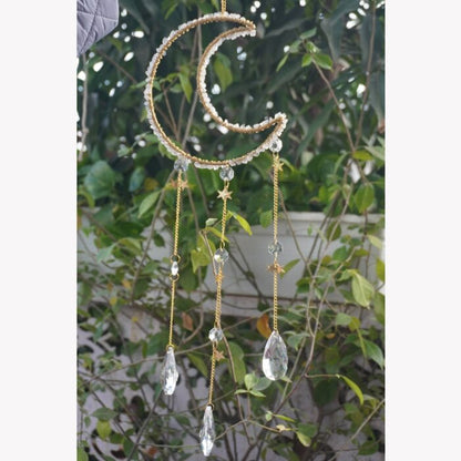 Handcrafted Moon & Star Crystal Suncatcher Gold Hanging Decor