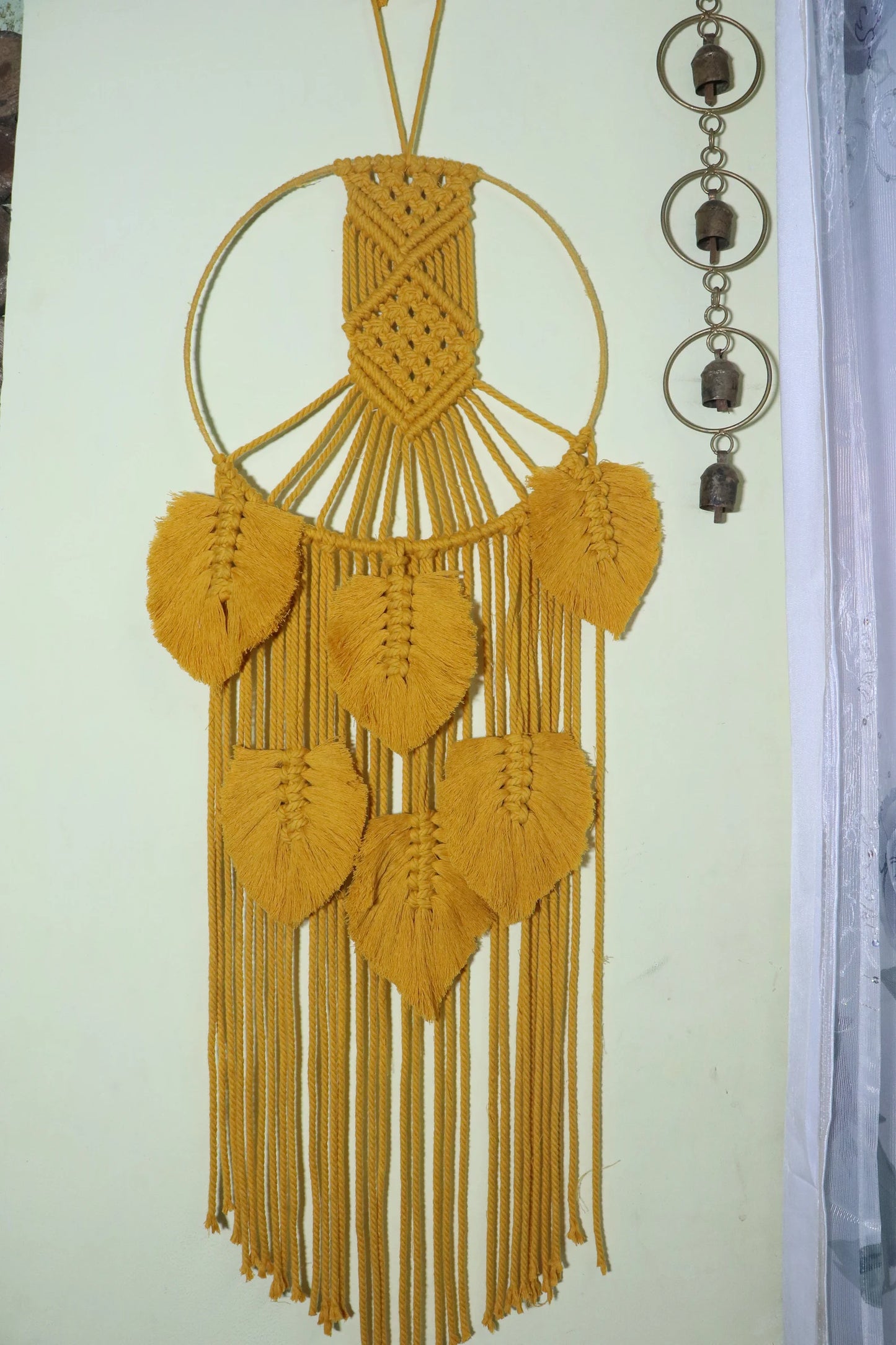 Handcrafted Mustard Macramé Dream Catcher Wall Hanging with Feather Tassels