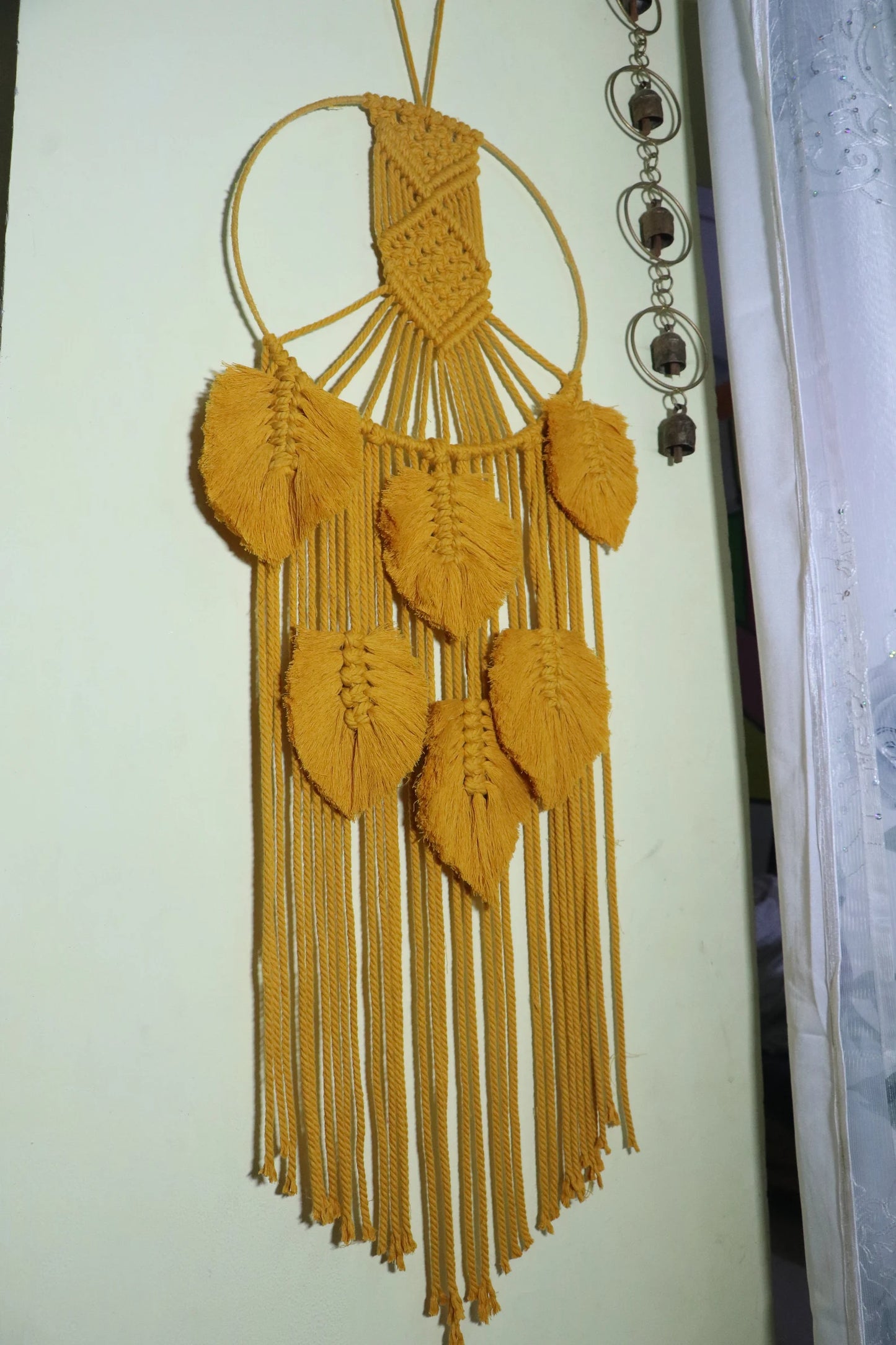 Handcrafted Mustard Macramé Dream Catcher Wall Hanging with Feather Tassels