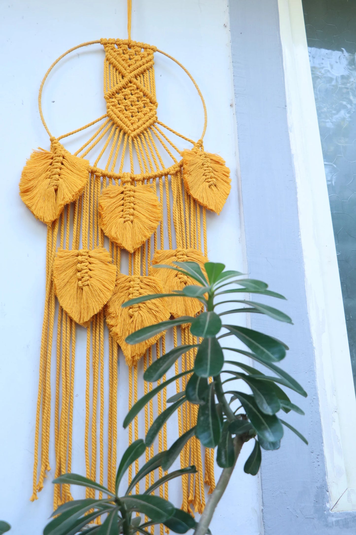 Handcrafted Mustard Macramé Dream Catcher Wall Hanging with Feather Tassels