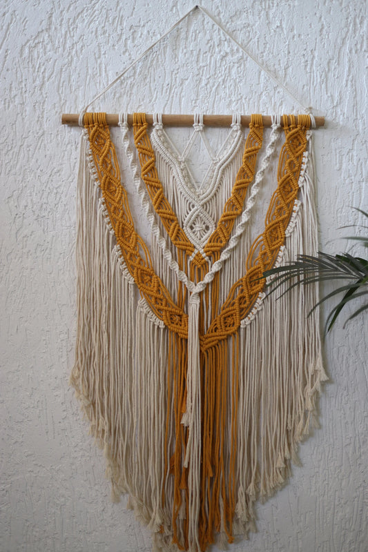 Handcrafted Dual Tone Macramé Wall Hanging | Mustard & Ivory Boho Cotton Rope Wall Décor