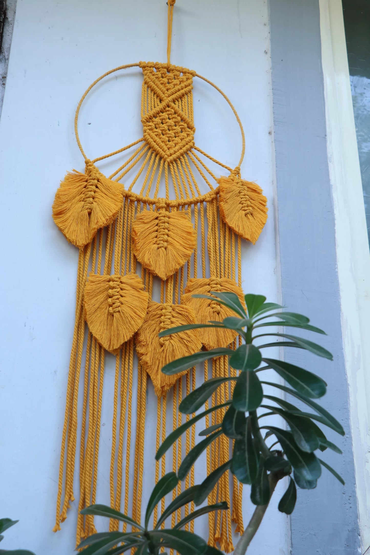 Handcrafted Mustard Macramé Dream Catcher Wall Hanging with Feather Tassels