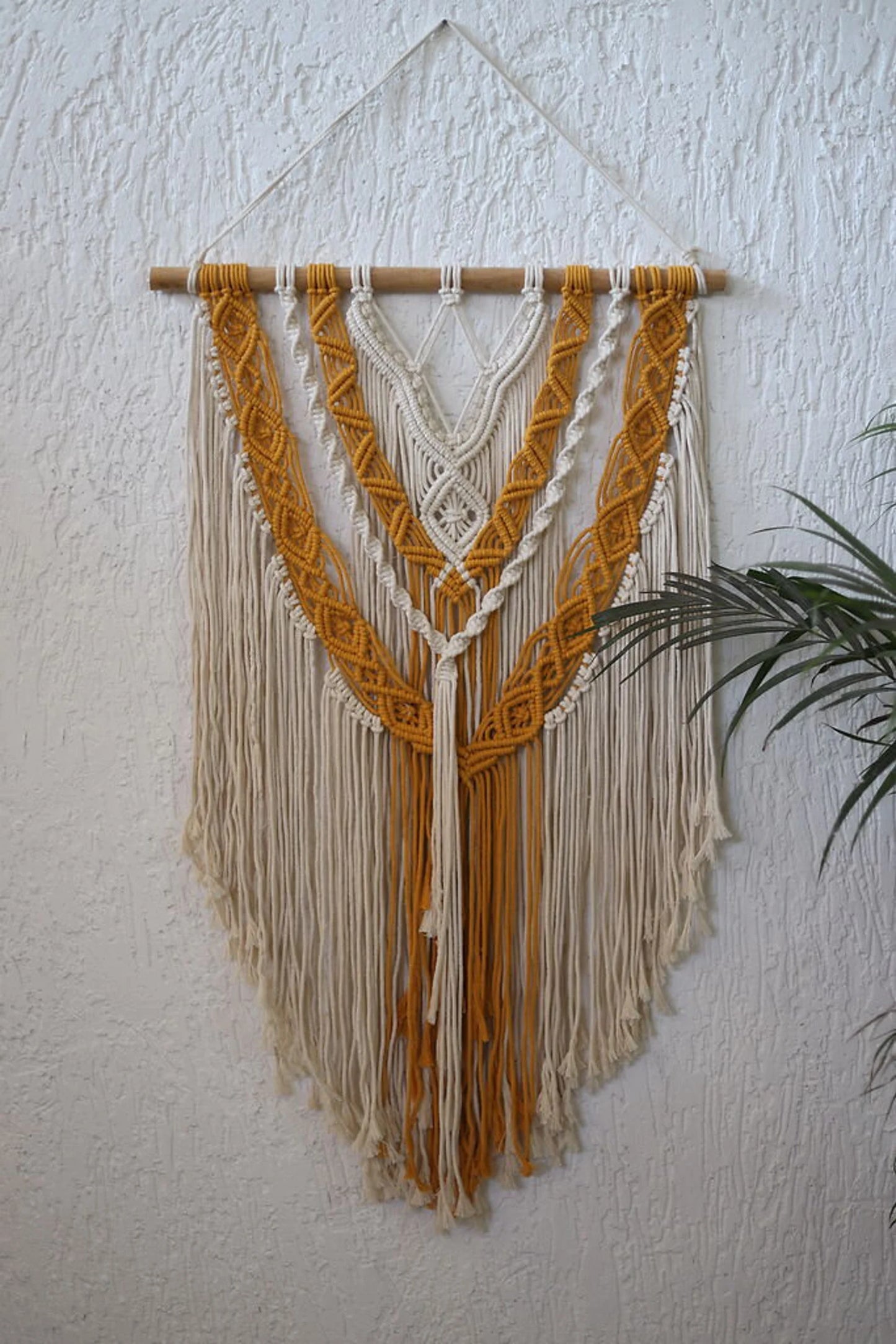 Handcrafted Dual Tone Macramé Wall Hanging | Mustard & Ivory Boho Cotton Rope Wall Décor