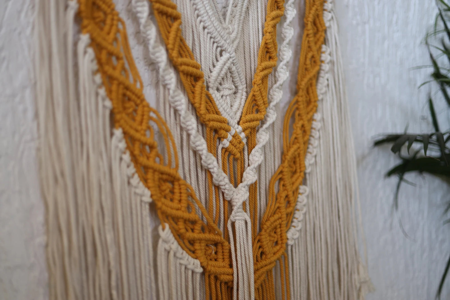 Handcrafted Dual Tone Macramé Wall Hanging | Mustard & Ivory Boho Cotton Rope Wall Décor
