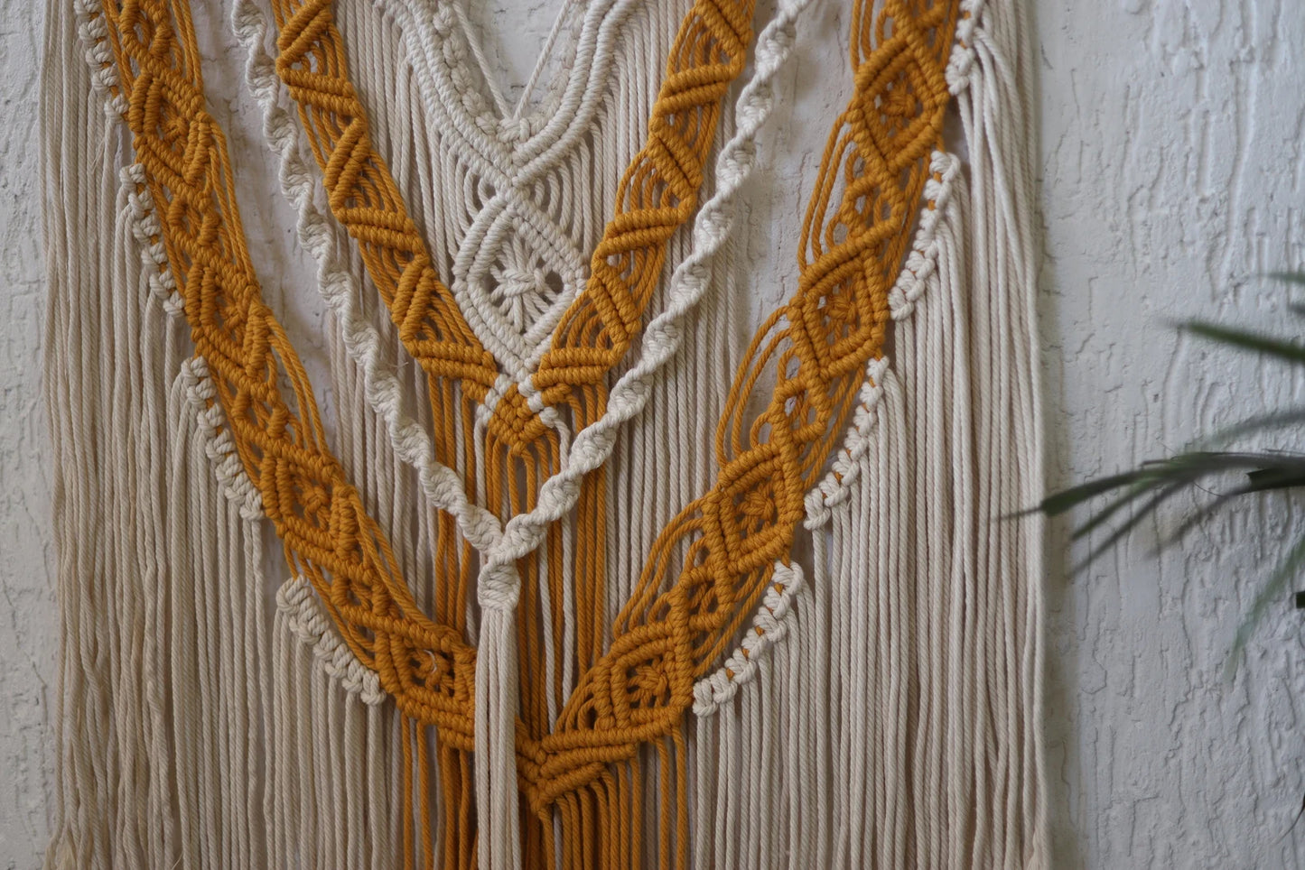 Handcrafted Dual Tone Macramé Wall Hanging | Mustard & Ivory Boho Cotton Rope Wall Décor