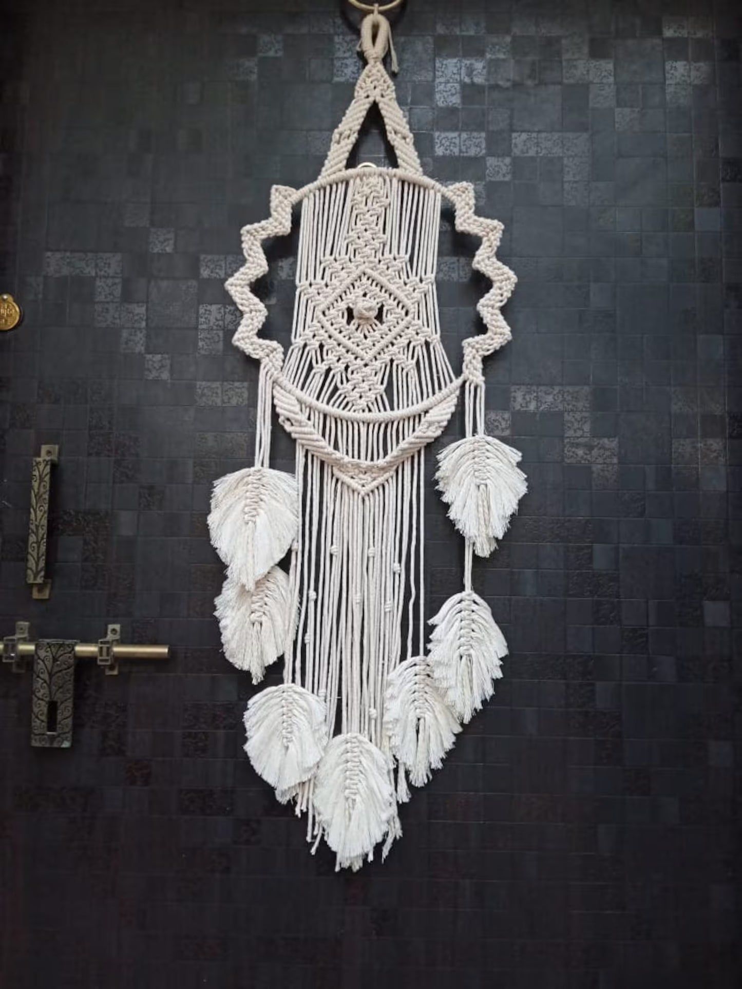 Handcrafted Macramé Evil Eye Wall Hanging with Feather Tassels