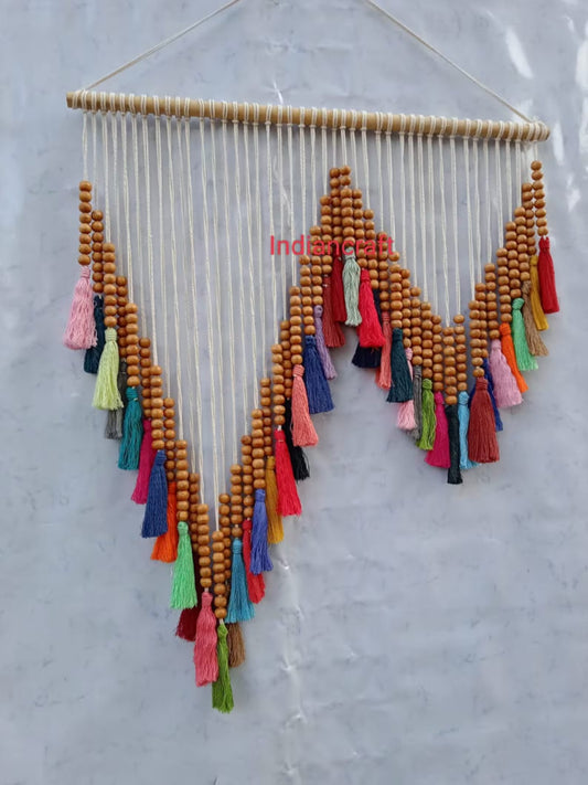 Handcrafted Wooden Bead Wall Hanging with Colorful Tassels
