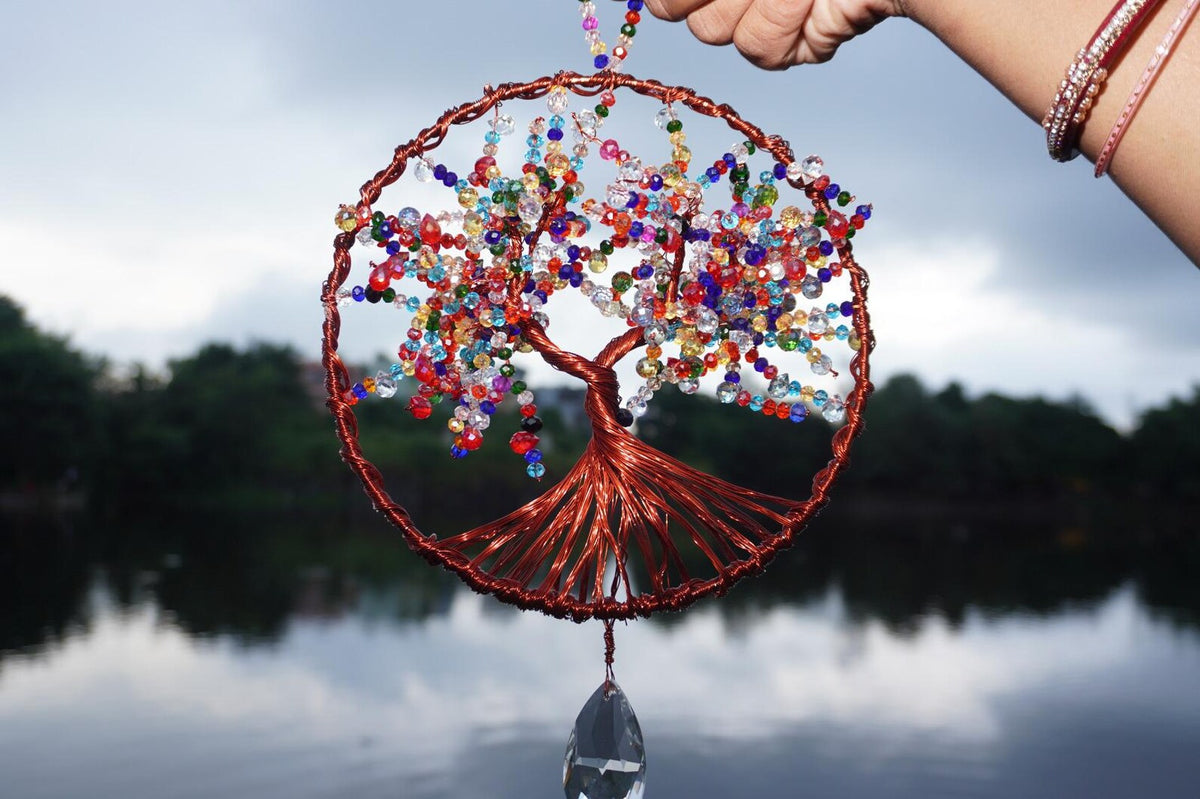 Copper Wire Tree of Life Suncatcher – Crystal Window Hanging Decor