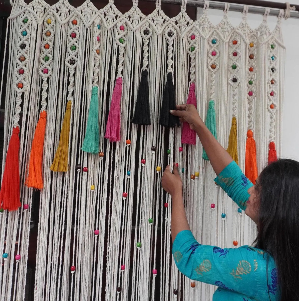 Handcrafted Macramé Beaded Door Curtain with Colorful Tassels