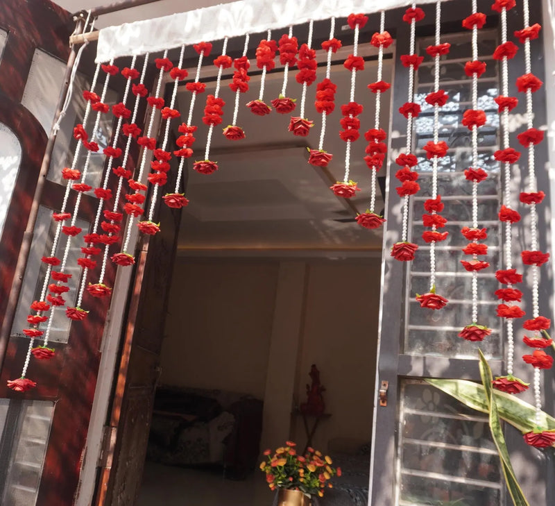 Handcrafted Red Floral Beaded Door Curtain