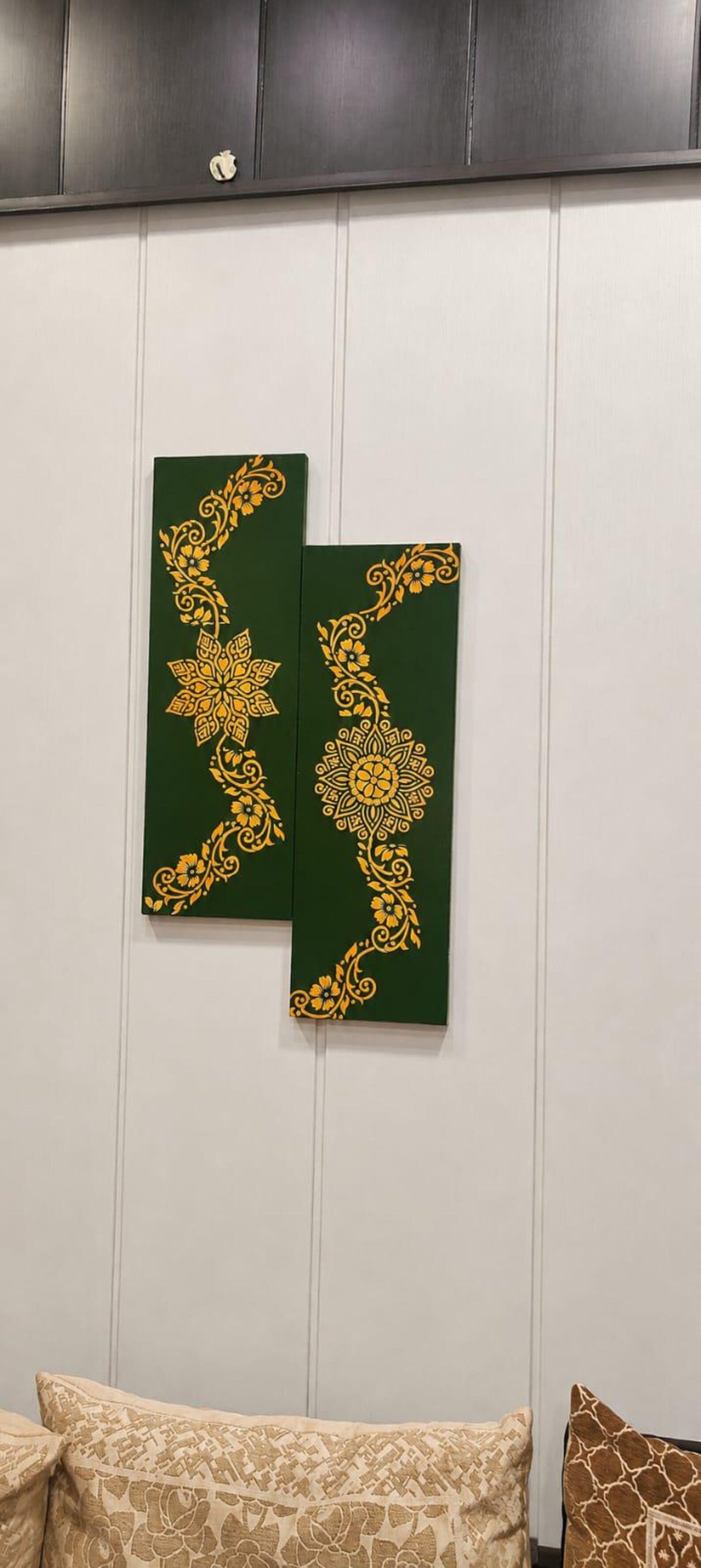 Handcrafted Green & Gold Floral Mandala Wall Art – Set of 2