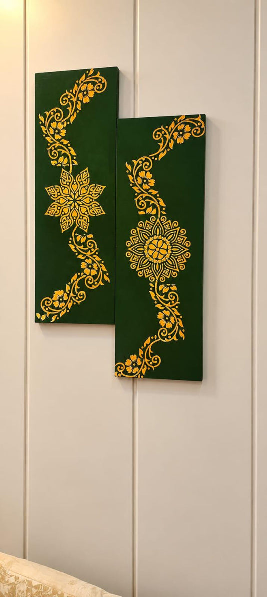 Handcrafted Green & Gold Floral Mandala Wall Art – Set of 2
