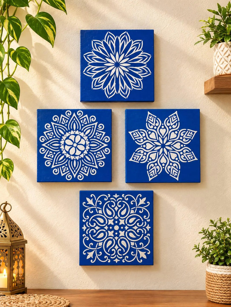 Blue Mandala Wall Art Set of 4 | Handcrafted Decorative Wall Panels
