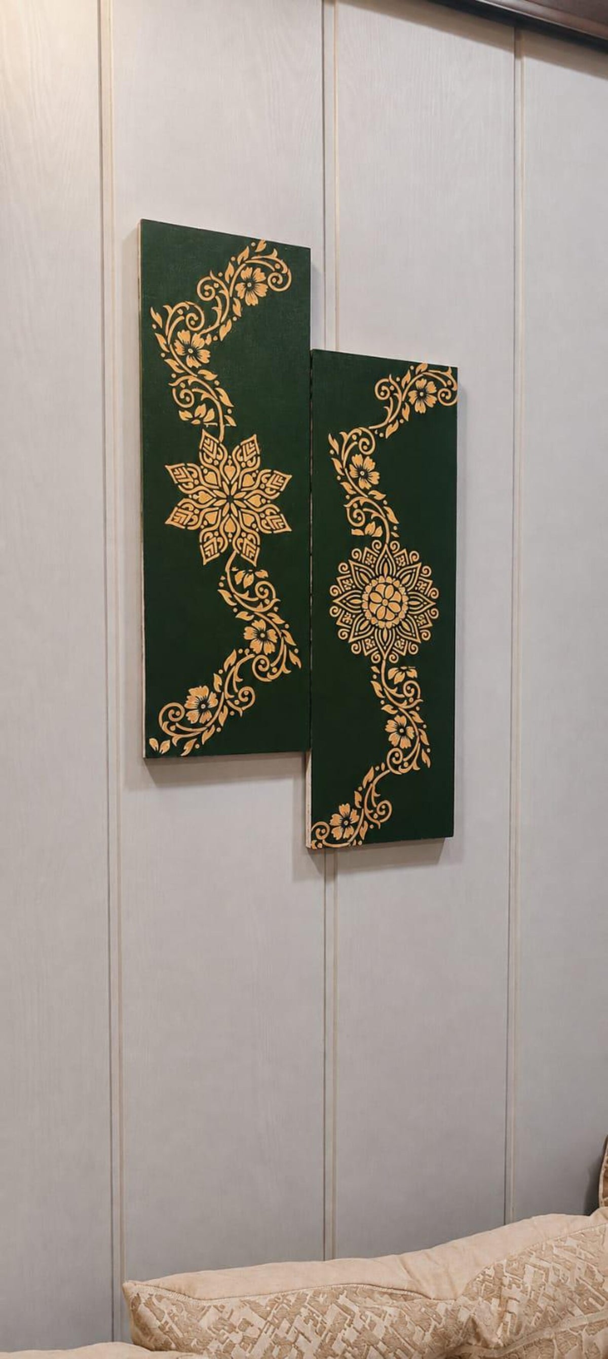 Handcrafted Green & Gold Floral Mandala Wall Art – Set of 2