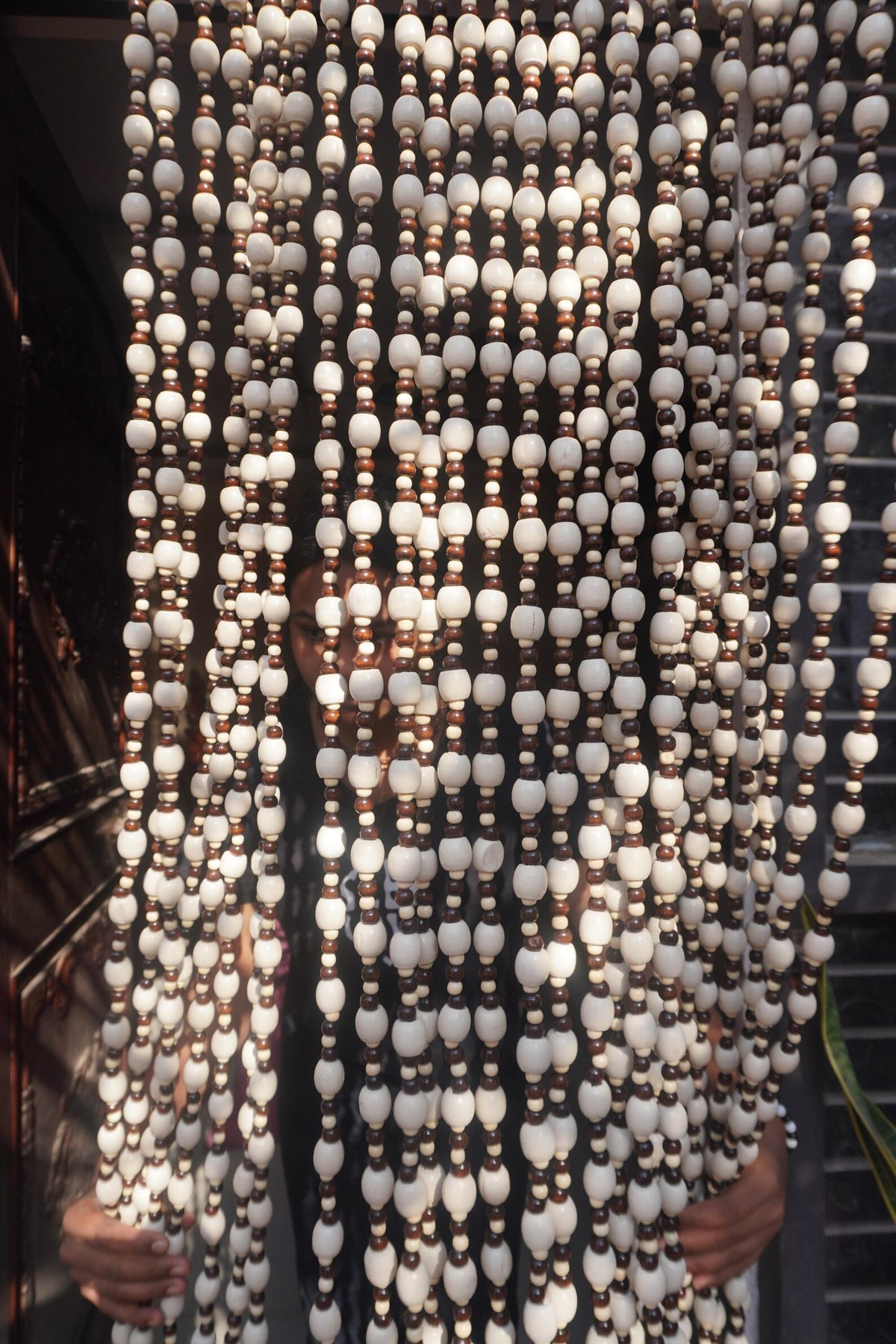 Ivory Brown Wooden Beaded Curtain – Boho Room Divider & Doorway Decor