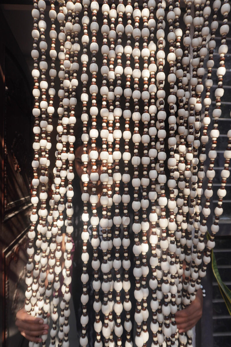 Ivory Brown Wooden Beaded Curtain – Boho Room Divider & Doorway Decor