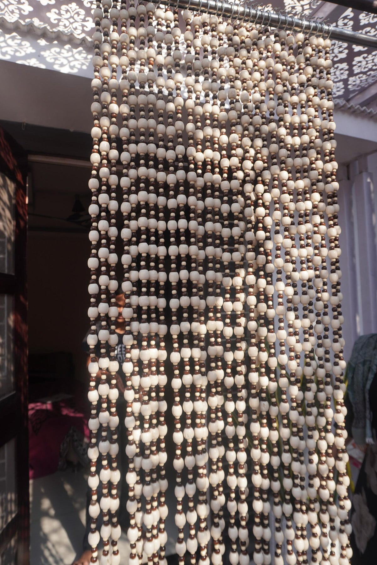 Ivory Brown Wooden Beaded Curtain – Boho Room Divider & Doorway Decor