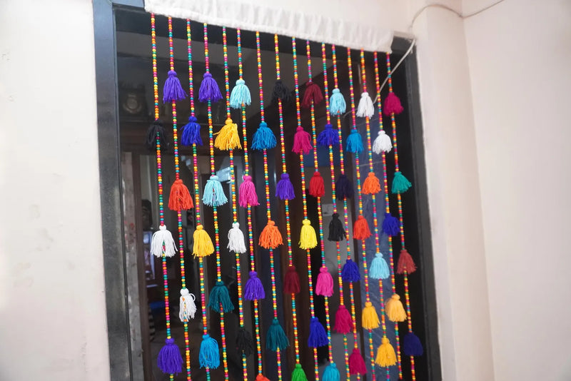 Handcrafted Multicolour Beaded Curtain with Tassels Boho Doorway Decor
