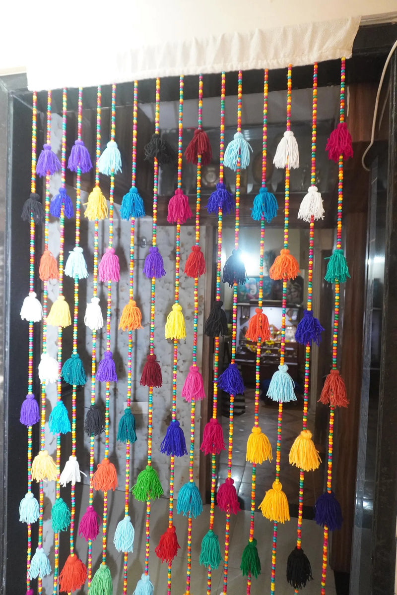Handcrafted Multicolour Beaded Curtain with Tassels Boho Doorway Decor