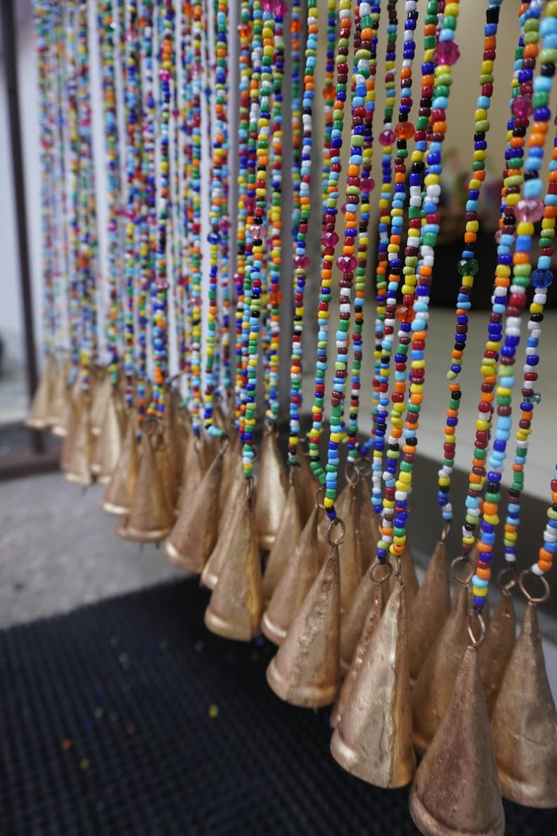 Bohemian Glass Beaded Curtain with Bells – Colorful Door Hanging Decor